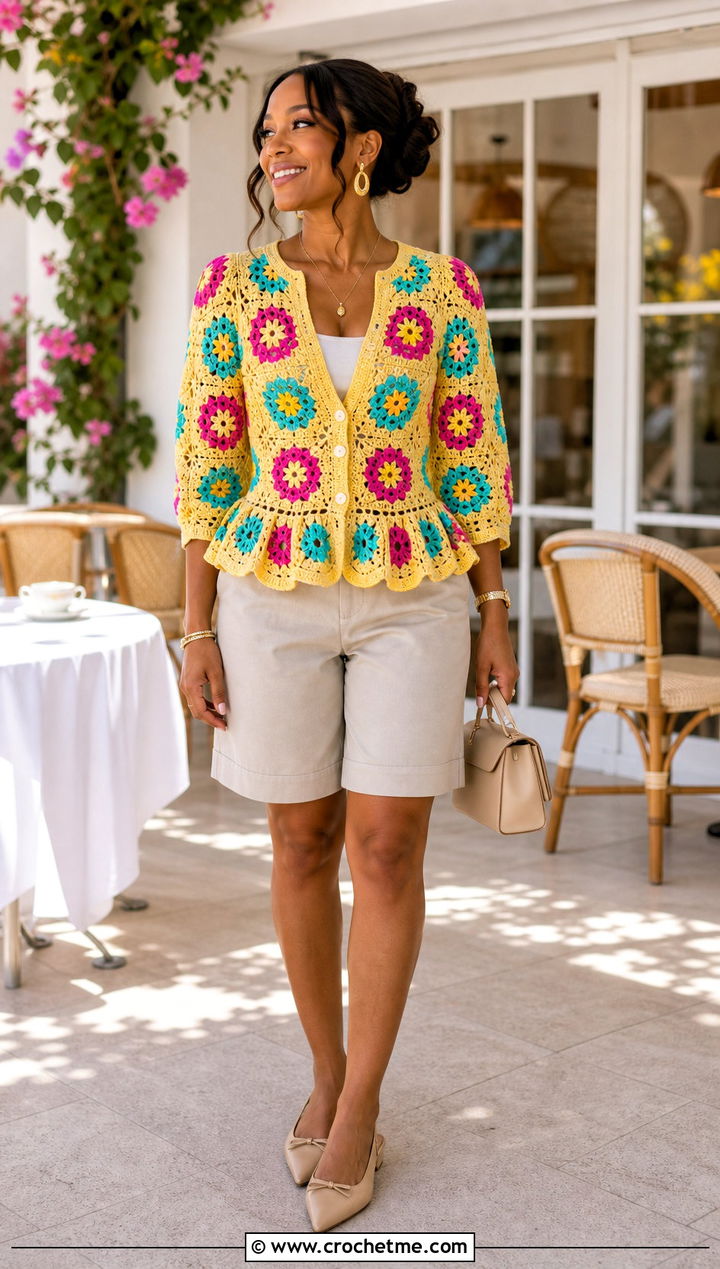 Peplum African Flower Crochet Cardigan With Tailored Shorts - 30 african flower crochet cardigan outfit ideas