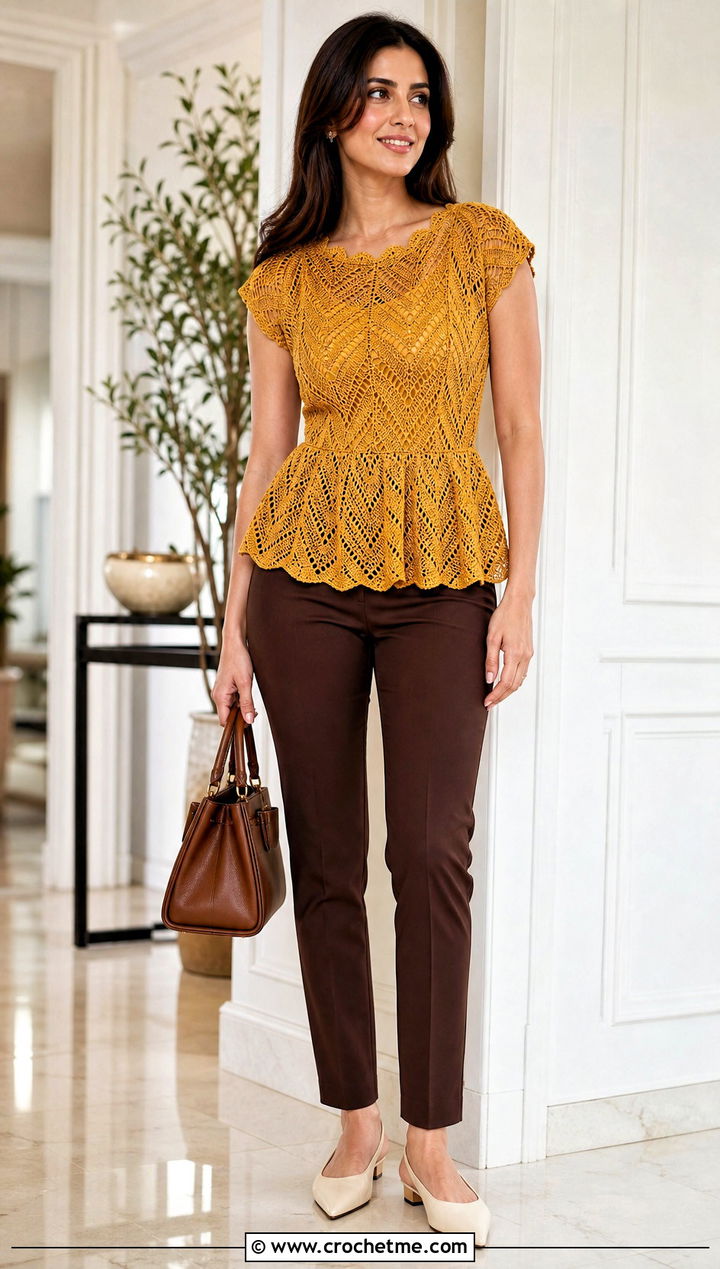 Peplum Chevron Crochet Top With Cigarette Pants - 30 crochet chevron top outfit ideas