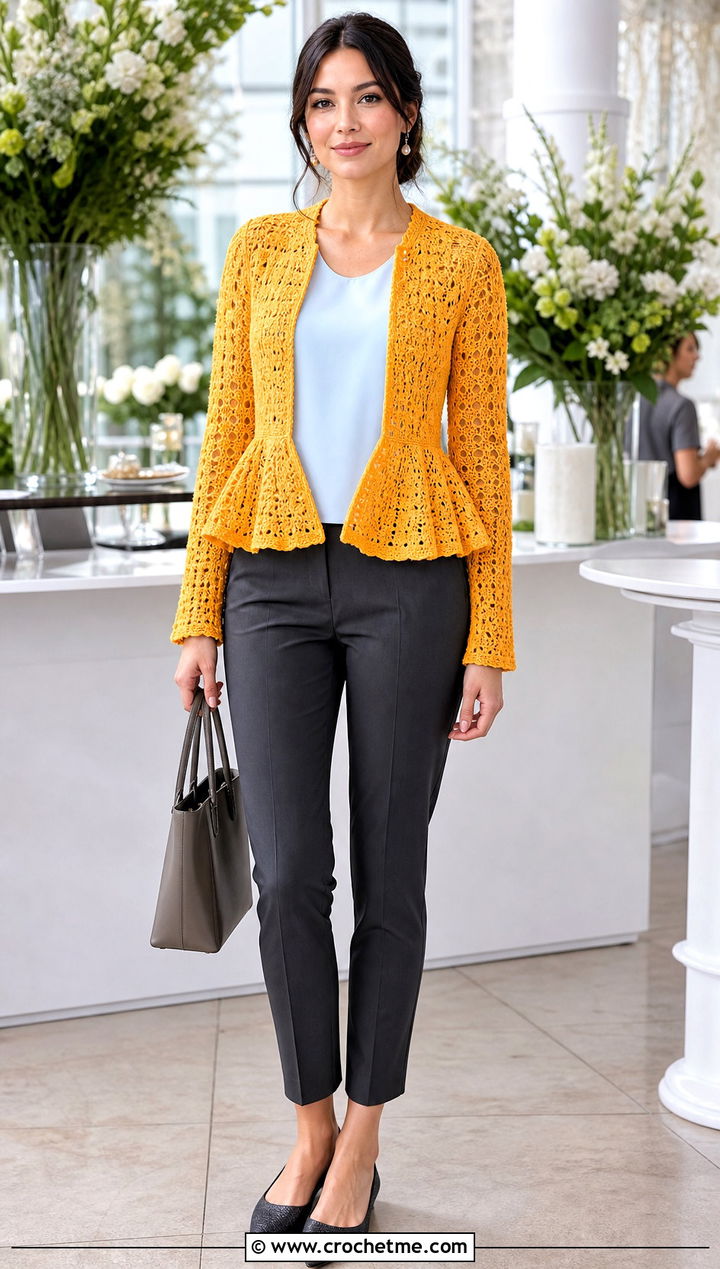Peplum Crochet Bed Jacket With Slim Trousers - 25 Crochet Bed Jackets outfit ideas