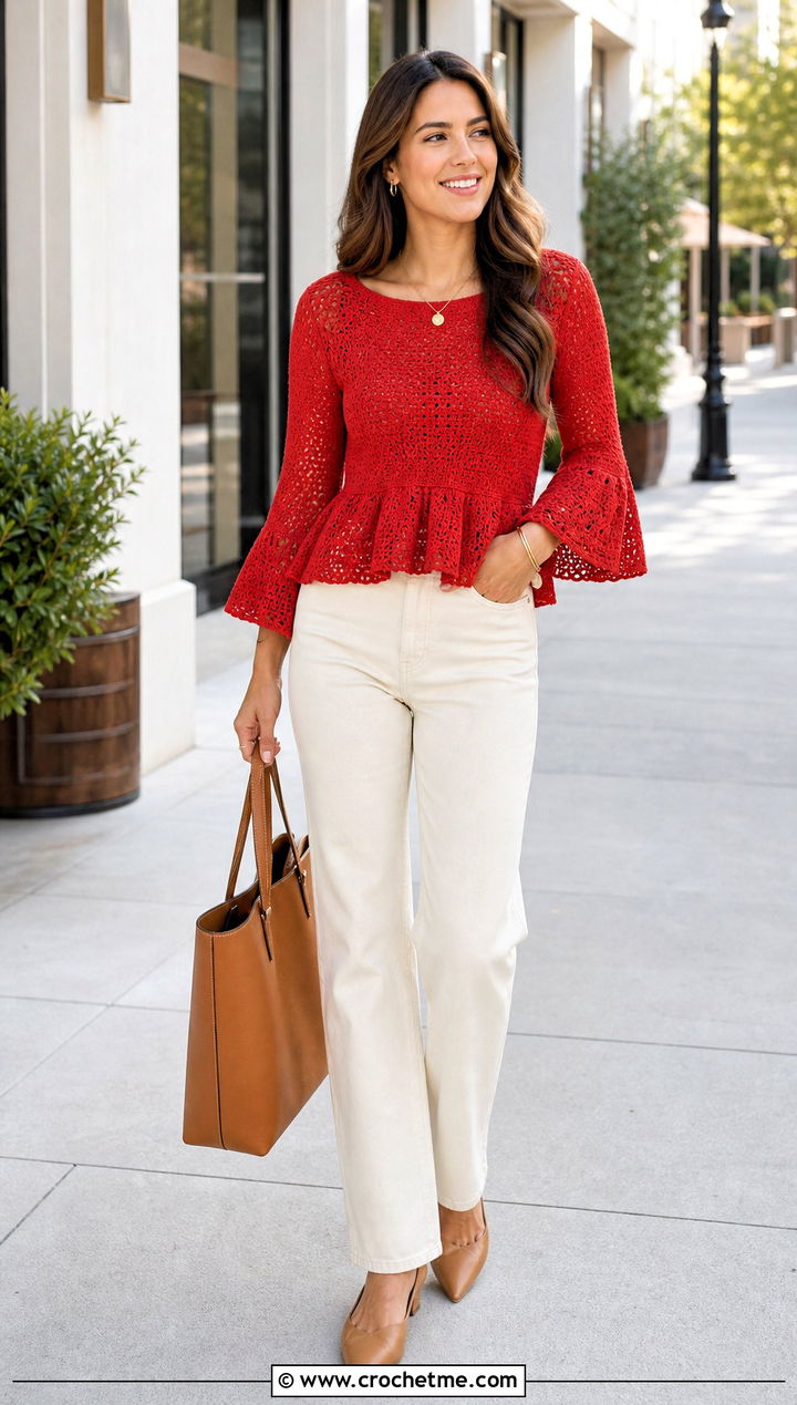 Peplum Crochet Bell Sleeve Top With Straight Leg Jeans - 15 crochet bell sleeve top outfit ideas