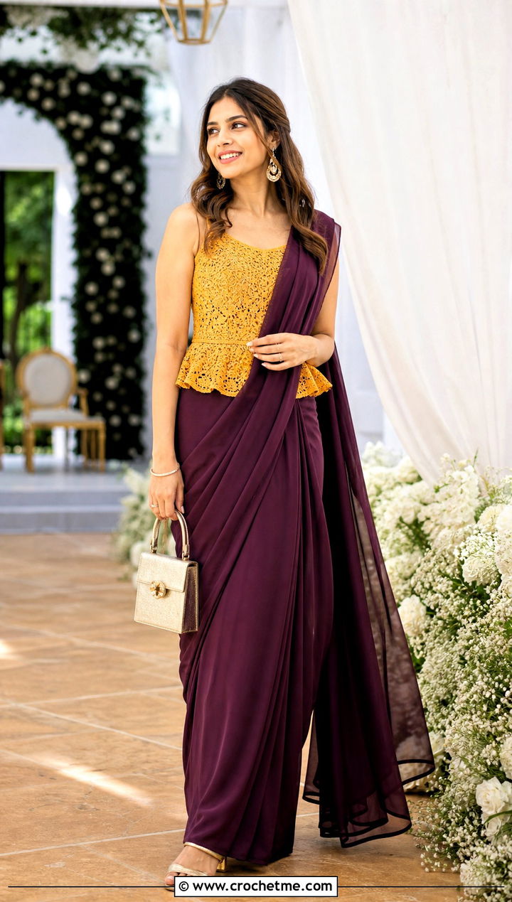 Peplum Crochet Blouse With Lightweight Saree - 35 Crochet Blouse For Saree outfit ideas