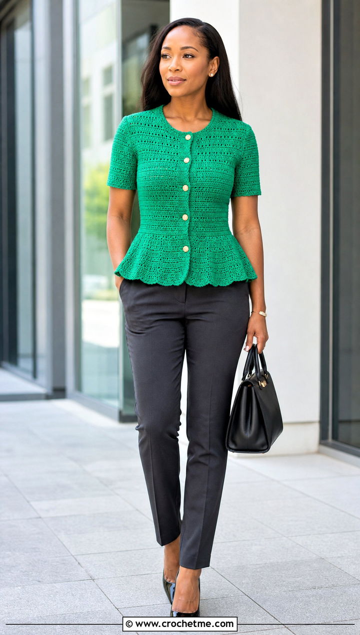 Peplum Crochet Button Top With Slim Trousers - 30 crochet button top outfit ideas