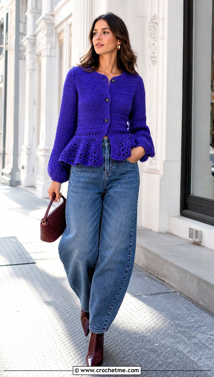 Peplum Crochet Cardigan With Barrel Jeans - 25 thick crochet cardigan outfit ideas