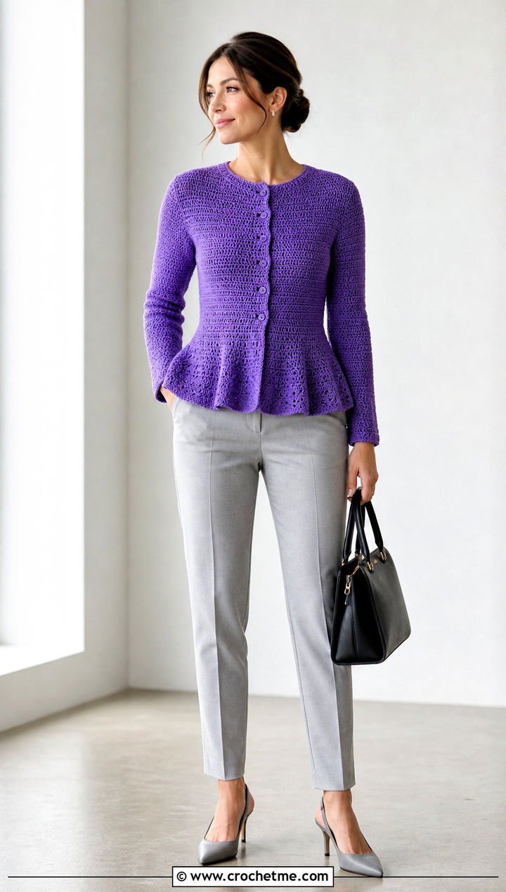 Peplum Crochet Cardigan With Cigarette Pants - 30 fast crochet cardigan outfit ideas