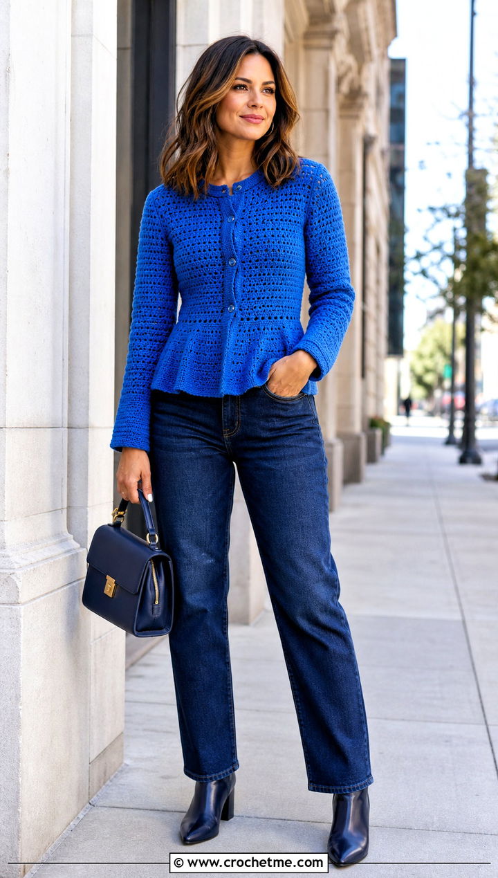 Peplum Crochet Cardigan With Dark Wash Jeans - 30 crochet for cardigans outfit ideas