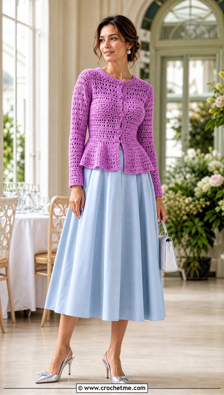 Peplum Crochet Cardigan With Full Midi Skirt - 30 crochet cardigan design outfit ideas