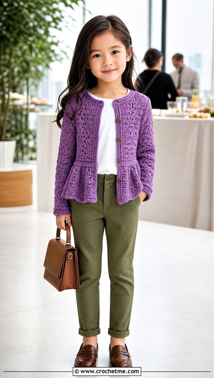Peplum Crochet Cardigan With Slim Chinos - 25 Childs Crochet Cardigan outfit ideas
