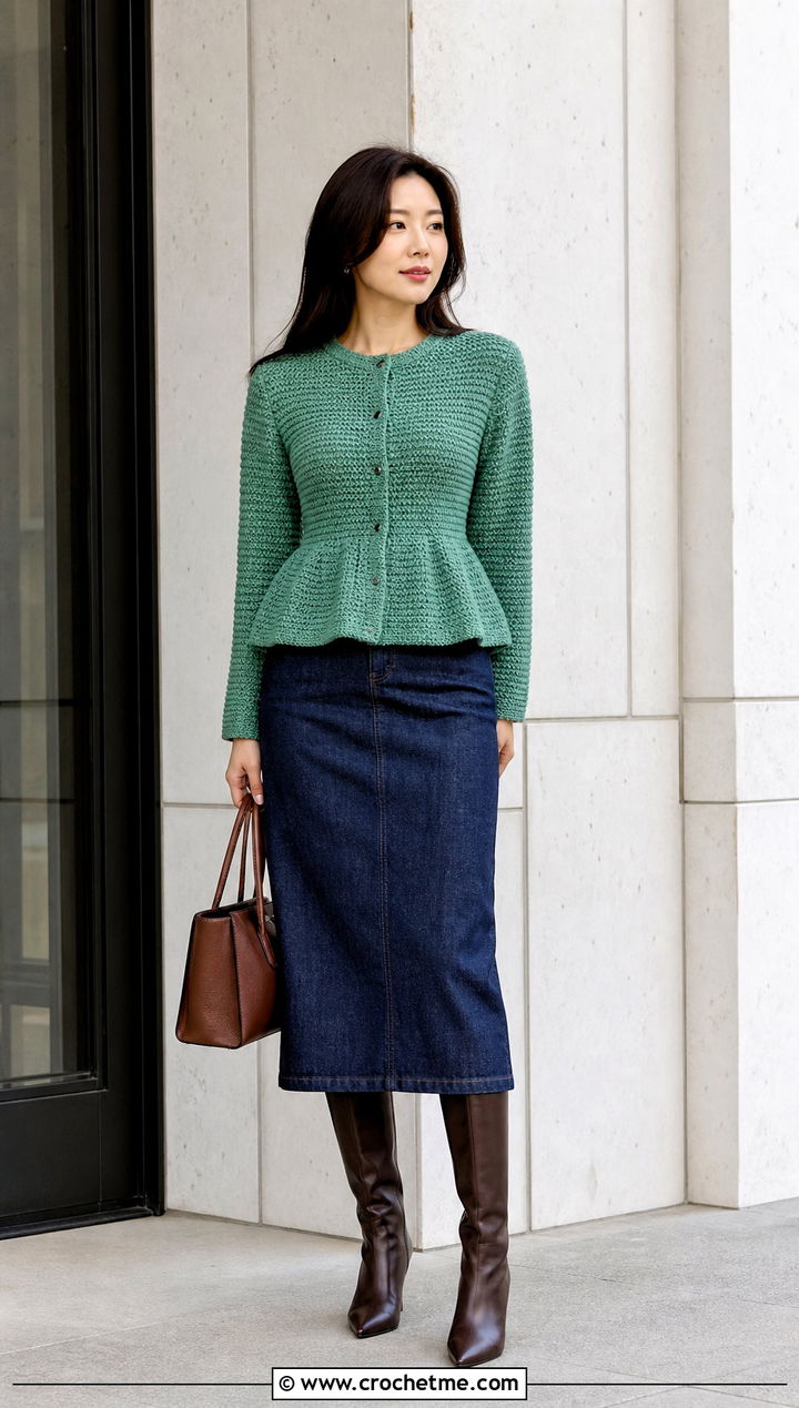 Peplum Crochet Cardigan With Straight Midi Skirt - 25 Autumn Crochet Cardigan outfit ideas