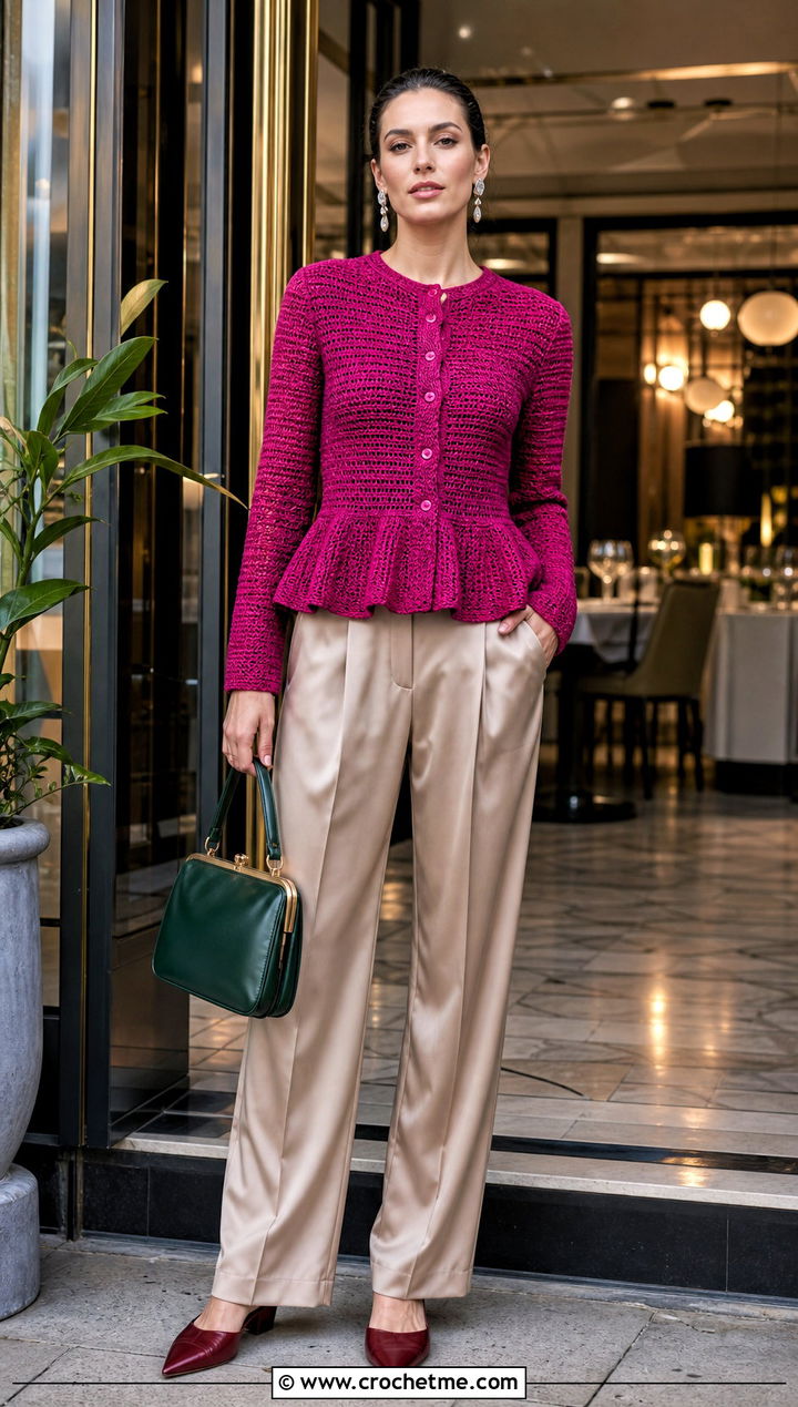 Peplum Crochet Chenille Cardigan With Silk Trousers - 30 crochet chenille cardigan outfit ideas
