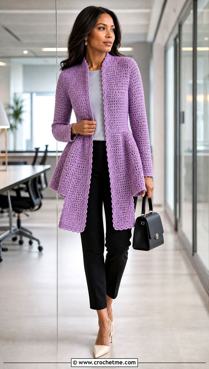 Peplum Crochet Coatigan With Cigarette Pants - 30 women crochet coat outfit ideas