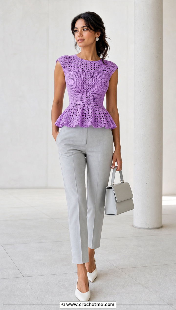 Peplum Crochet Crop Top With Cigarette Pants - 35 easy crochet summer crop tops outfit ideas