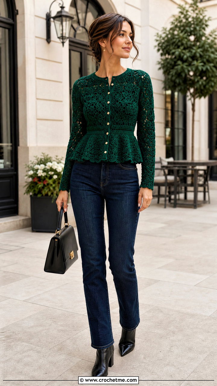 Peplum Crochet Cropped Cardigan With Slim Jeans - 35 crochet cropped cardigan outfit ideas
