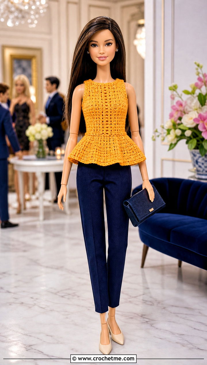 Peplum Crochet Doll Vest With Slim Pants - 20 crochet doll vest outfit ideas