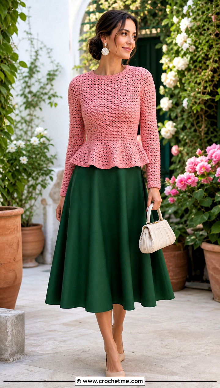 Peplum Crochet Fitted Sweater With Full Midi Skirt - 30 crochet fitted sweater outfit ideas