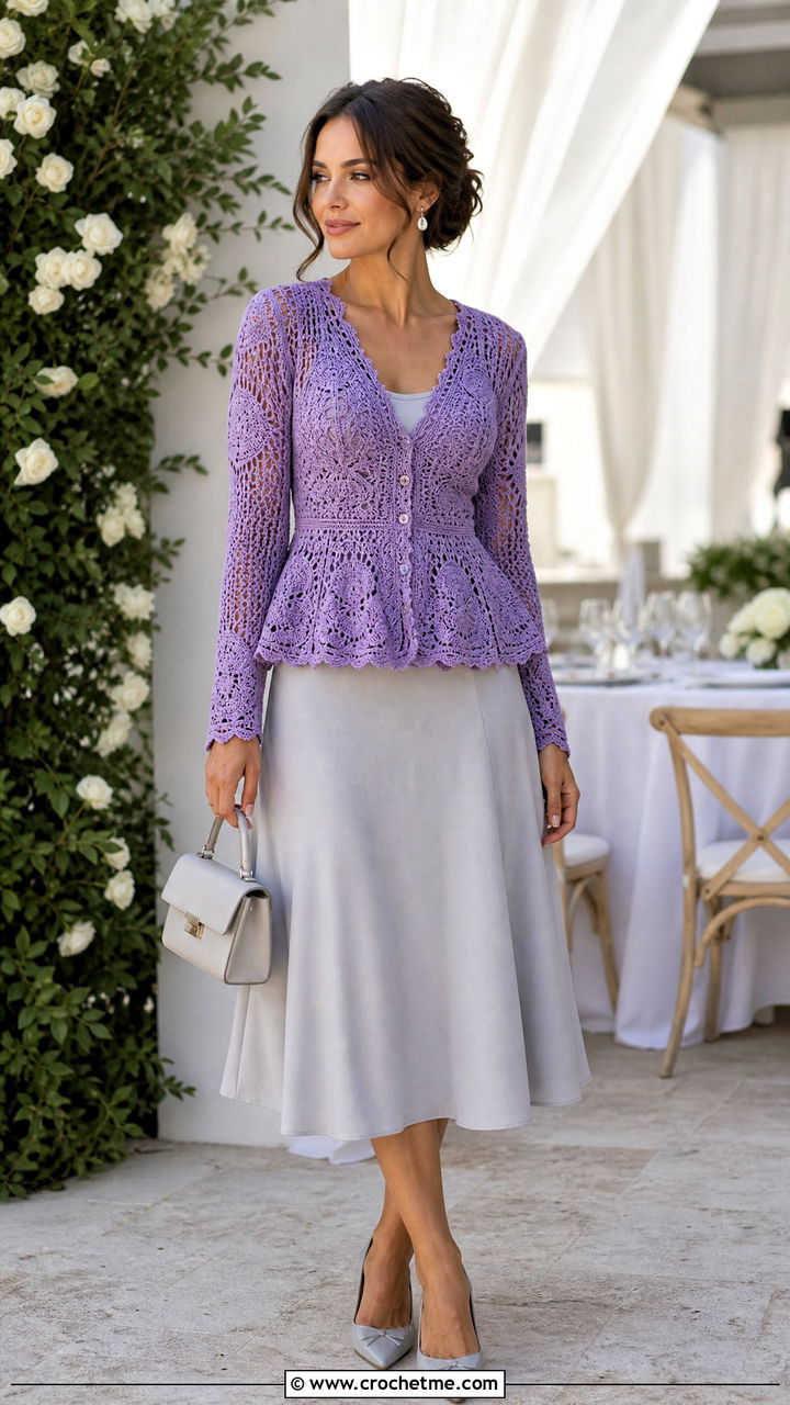 Peplum Crochet Folklore Cardigan With A Line Skirt - 35 crochet folklore cardigan outfit ideas