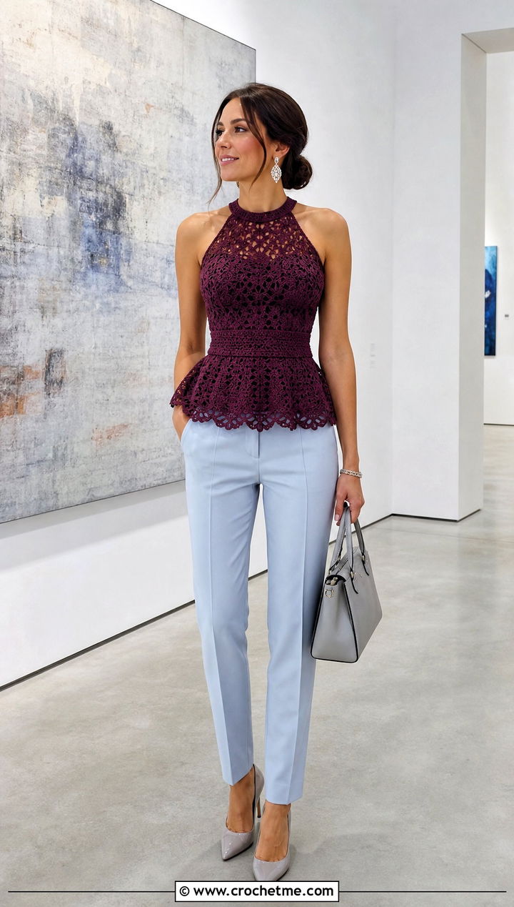 Peplum Crochet Halter Top With Slim Trousers - 35 crochet halter neck top outfit ideas