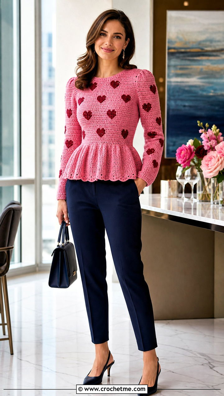 Peplum Crochet Heart Sweater With Cigarette Pants - 25 crochet valentine sweater outfit ideas
