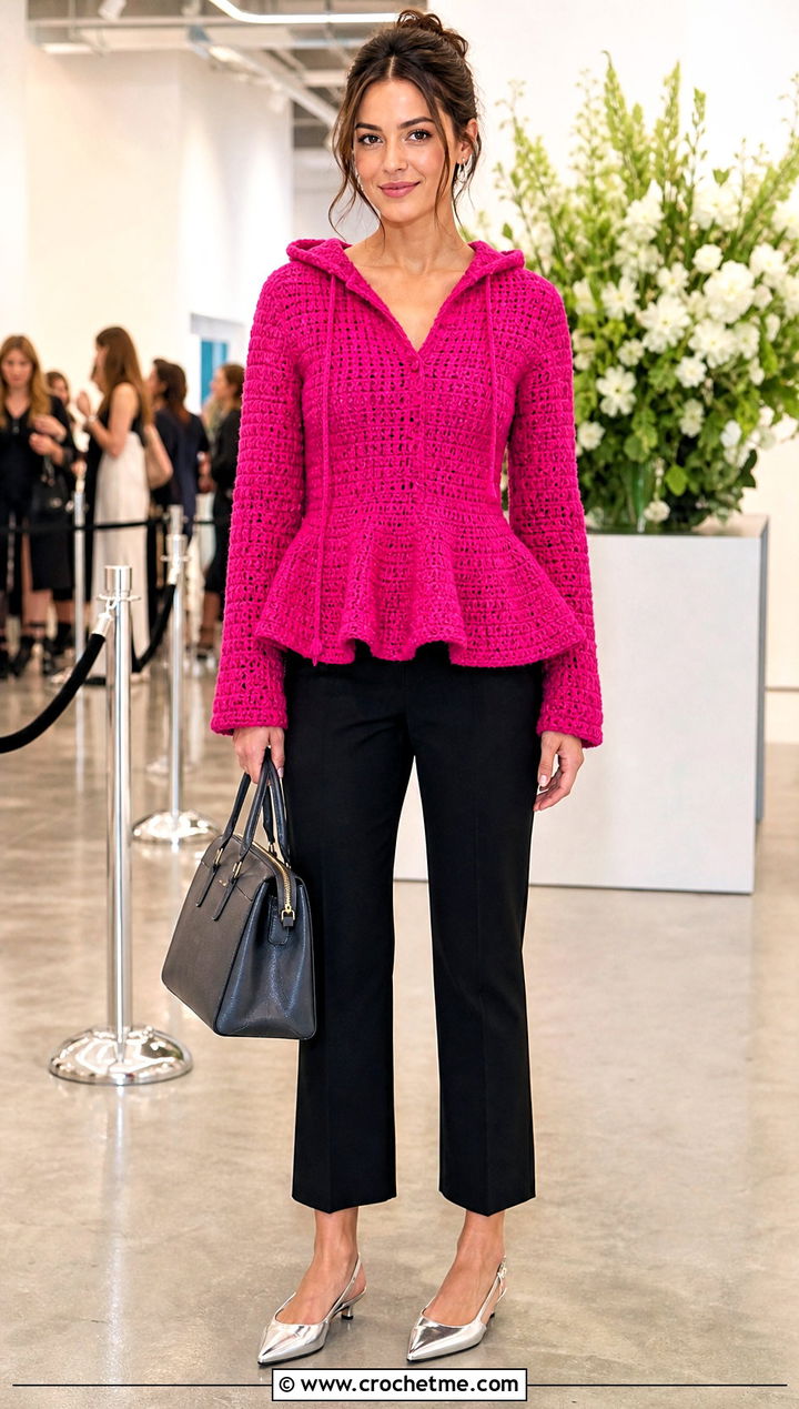 Peplum Crochet Hooded Sweater With Cropped Trousers - 30 crochet hooded sweater outfit ideas