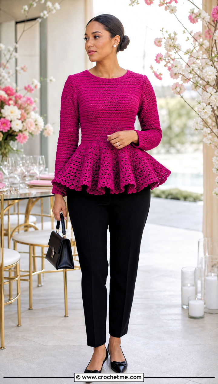 Peplum Crochet Jumper With Ankle Pants - 35 easy crochet jumper outfit ideas