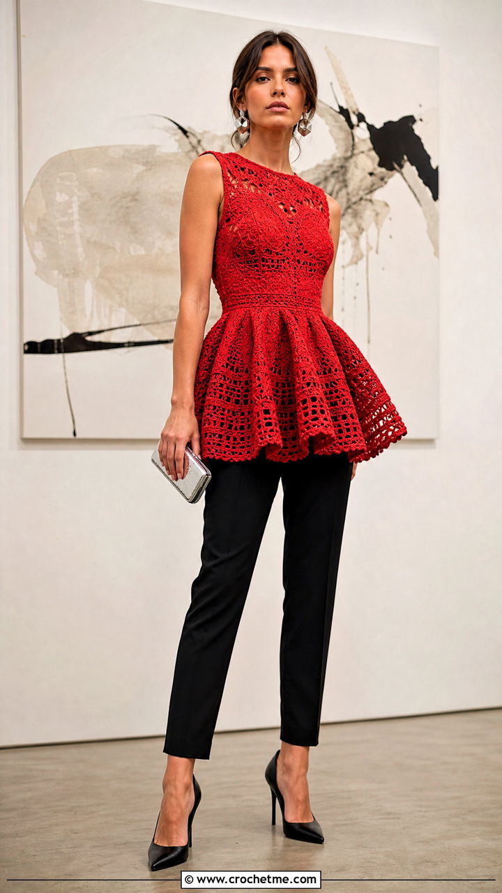 Peplum Crochet Mini Party Dress Over Tailored Pants - 35 crochet party dress outfit ideas