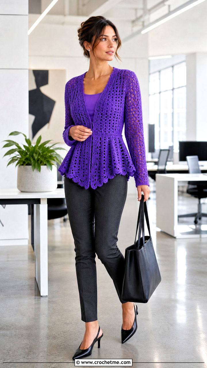 Peplum Crochet Mohair Cardigan With Cigarette Pants - 35 crochet mohair cardigan outfit ideas