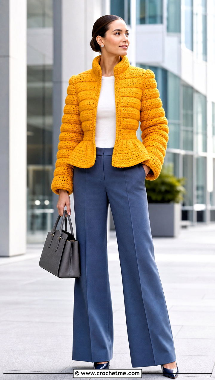 Peplum Crochet Puffer Jacket With Wide Leg Trousers - 35 crochet puffer jacket outfit ideas