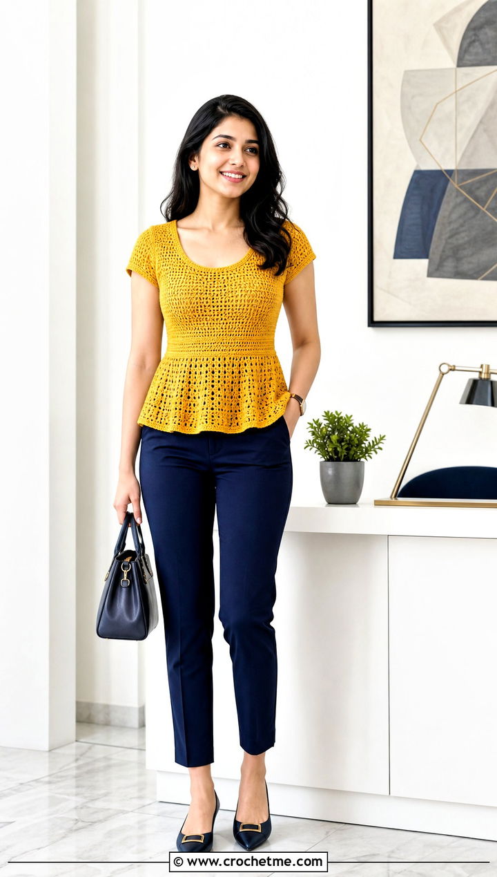 Peplum Crochet Scoop Neck Top With Cigarette Pants - 30 crochet scoop neck top outfit ideas