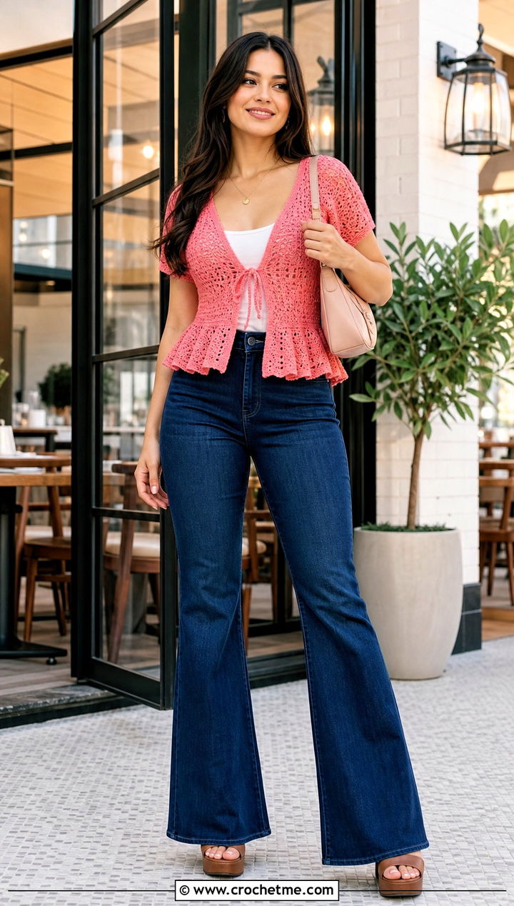 Peplum Crochet Shrug With Flared Jeans - 30 crochet shrug for women outfit ideas