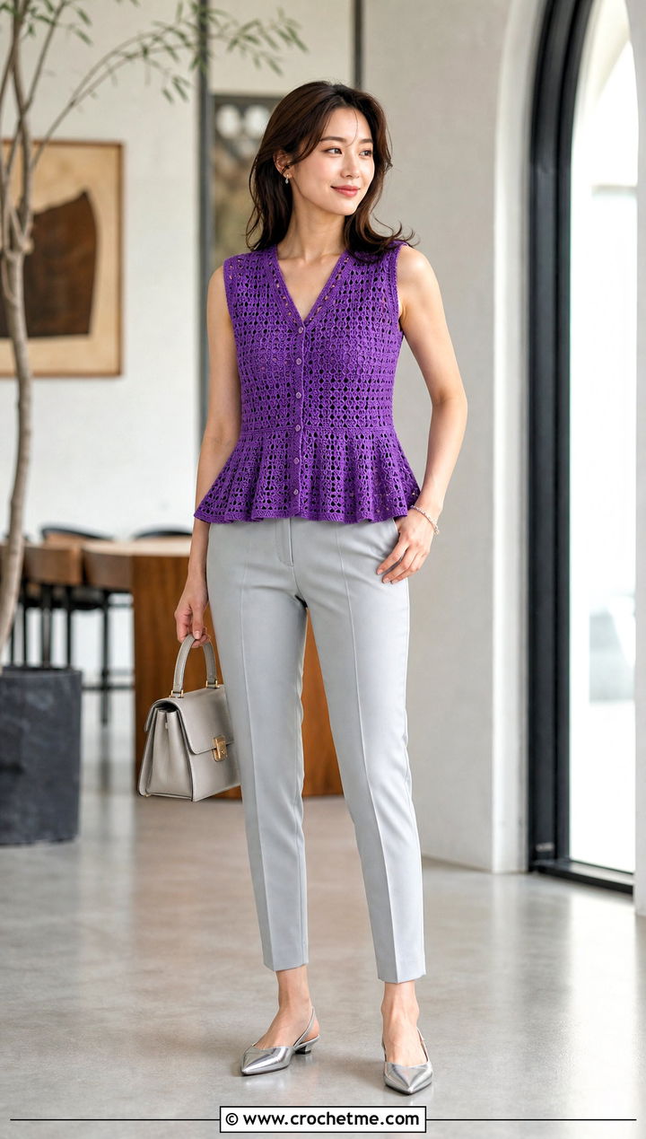 Peplum Crochet Sleeveless Vest With Cigarette Pants - 35 crochet sleeveless vest outfit ideas