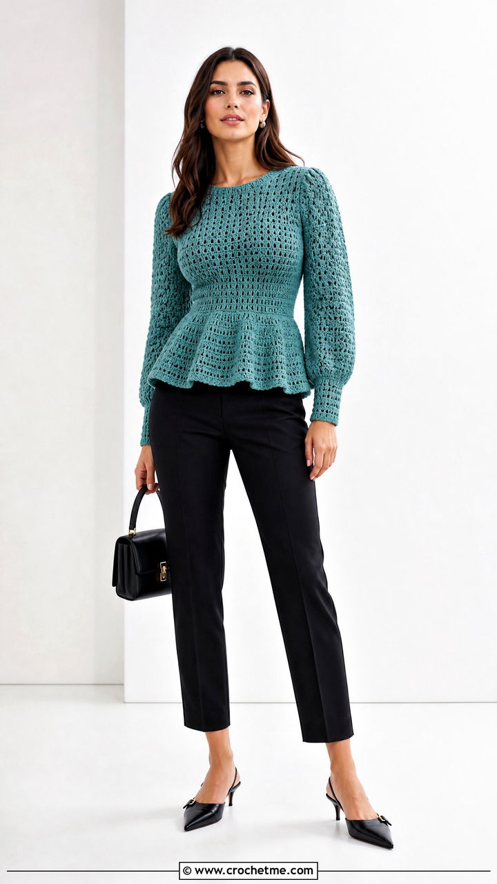Peplum Crochet Sweater With Cigarette Pants - 35 fall crochet sweater outfit ideas