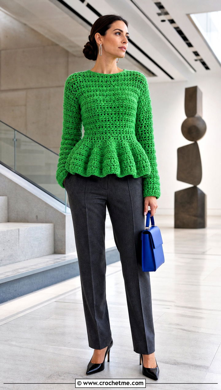 Peplum Crochet Sweater With Straight Trousers - 30 bulky yarn crochet sweater outfit ideas