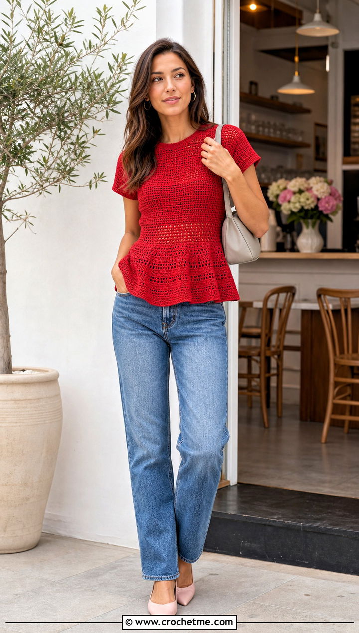 Peplum Crochet Tee With Straight Leg Jeans - 35 crochet tee shirt outfit ideas
