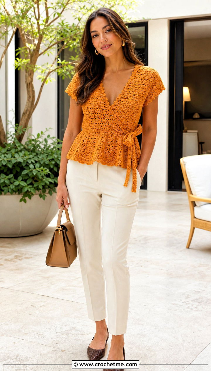 Peplum Crochet Tie Top With Cigarette Pants - 25 Crochet Top With Ties outfit ideas