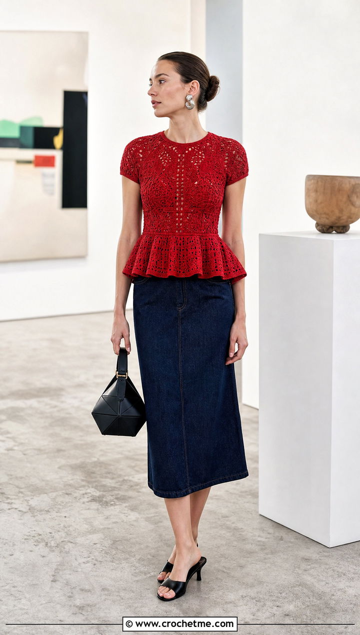 Peplum Crochet Top With Column Midi Skirt - 35 crochet vintage top outfit ideas