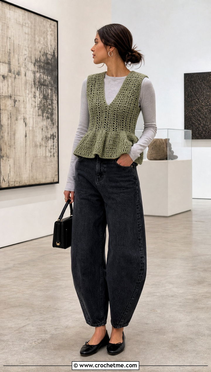 Peplum Crochet Vest With Barrel Leg Jeans - 15 green crochet vest design outfit ideas