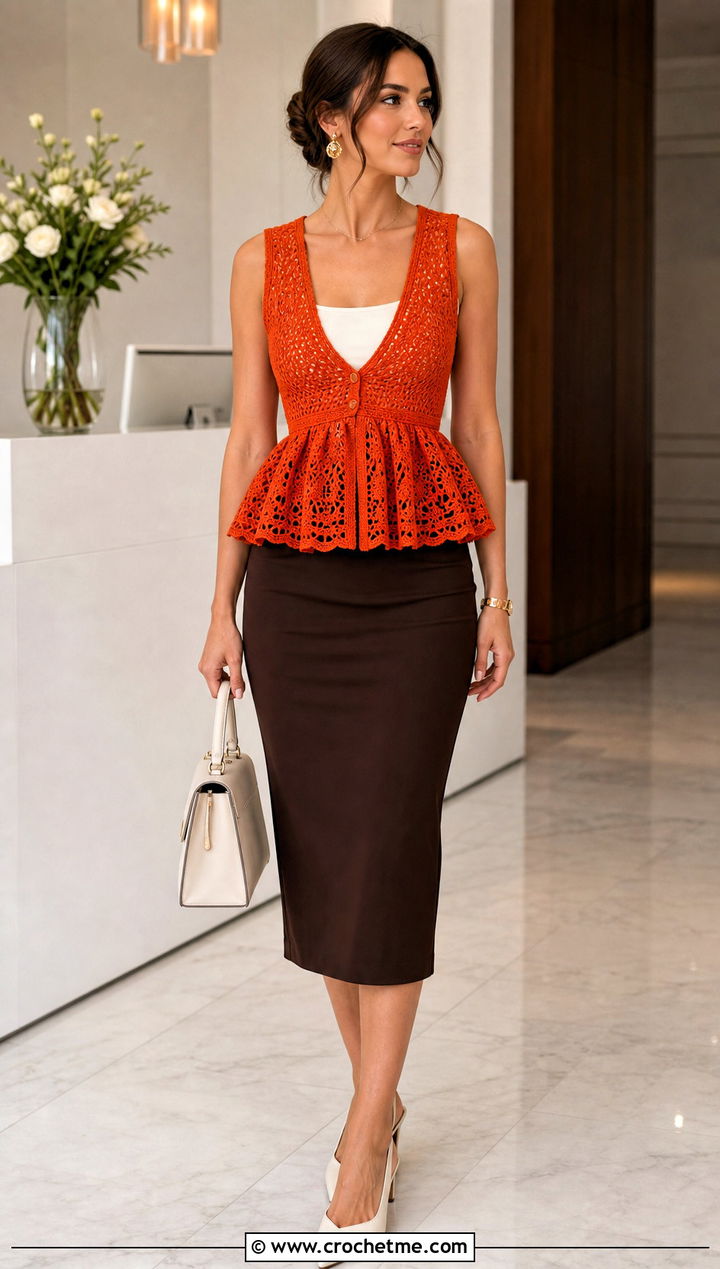 Peplum Crochet Vest With Pencil Skirt - 35 crochet vest outfits for women outfit ideas