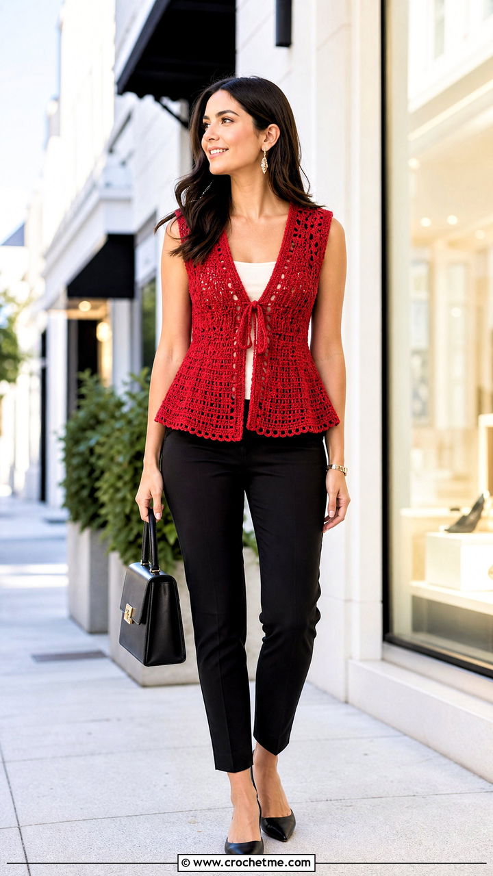Peplum Crochet Vest With Slim Pants - 35 easy crochet vest outfit ideas