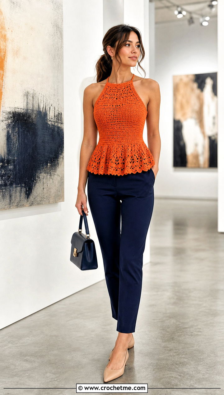 Peplum Crocheted Halter Top With Cigarette Pants - 30 crocheted halter tops outfit ideas