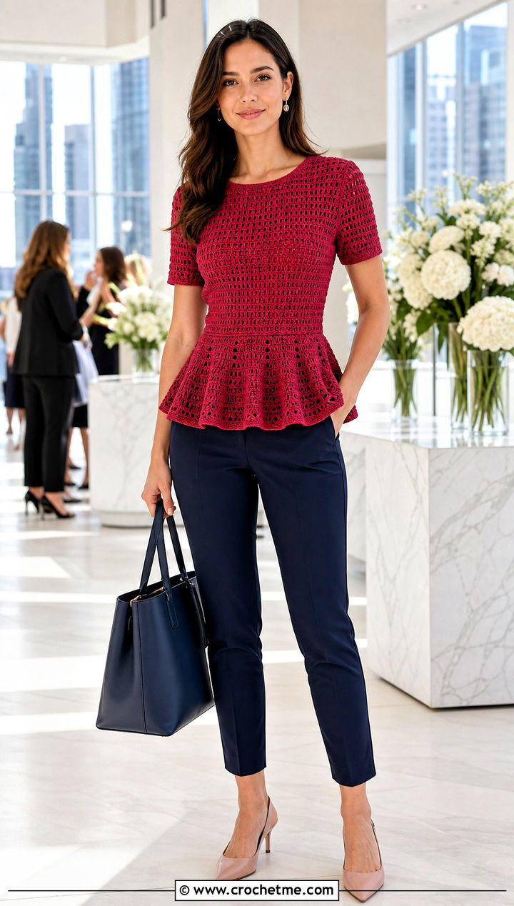 Peplum Crocheted Shirt With Slim Trousers - 35 Crocheted Shirt outfit ideas