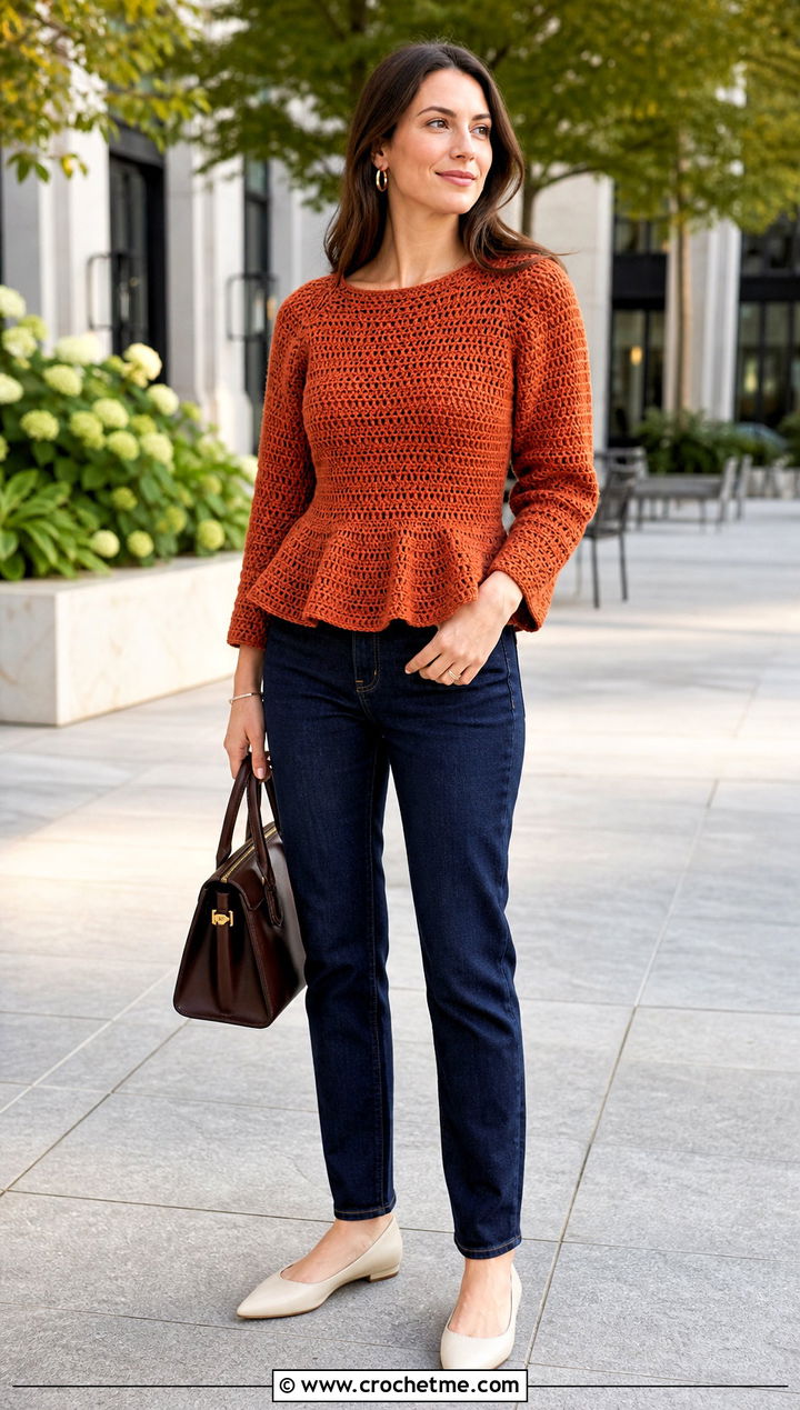 Peplum DK Weight Crochet Sweater With Slim Jeans - 25 Dk Weight Crochet Sweater outfit ideas