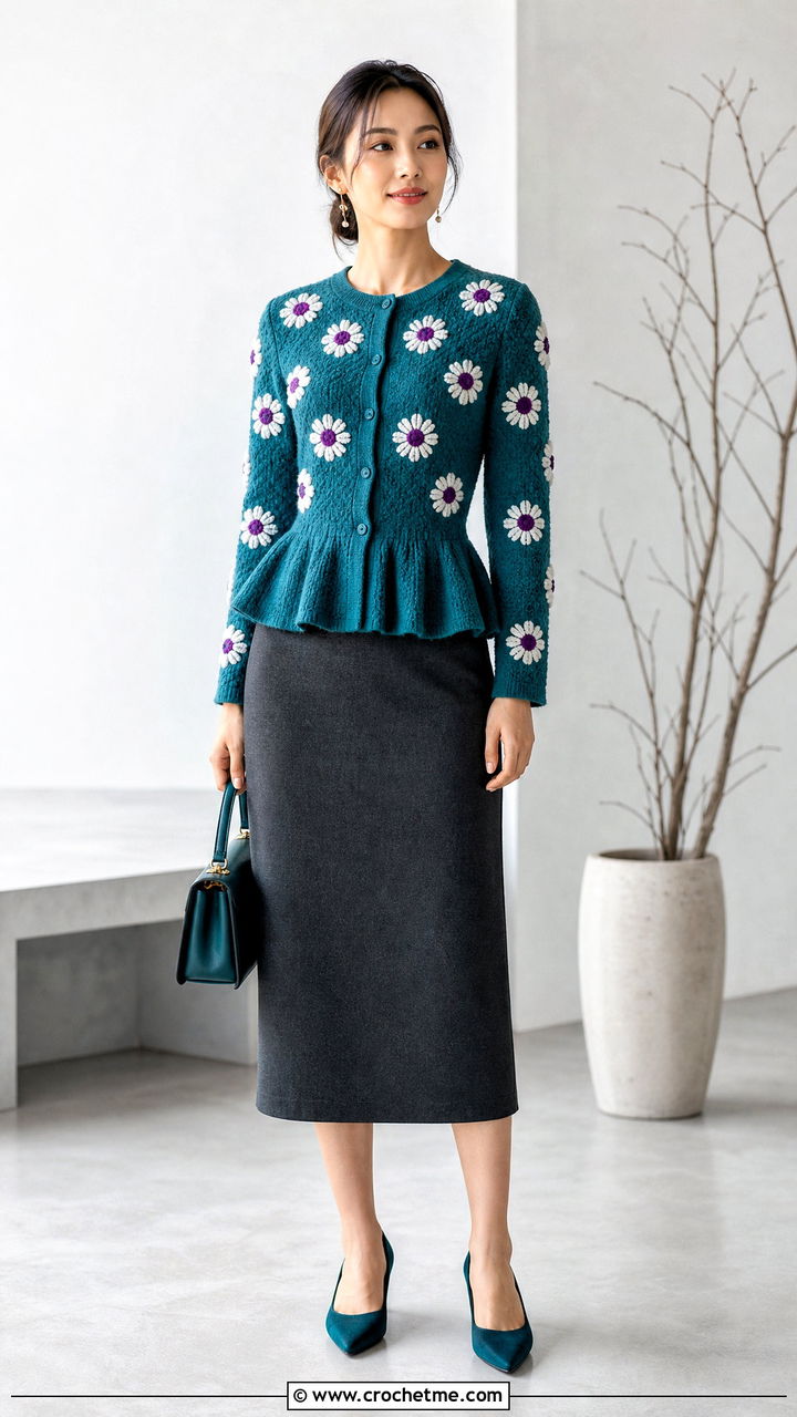 Peplum Daisy Cardigan With Straight Midi Skirt - 35 Crochet Daisy Cardigan outfit ideas