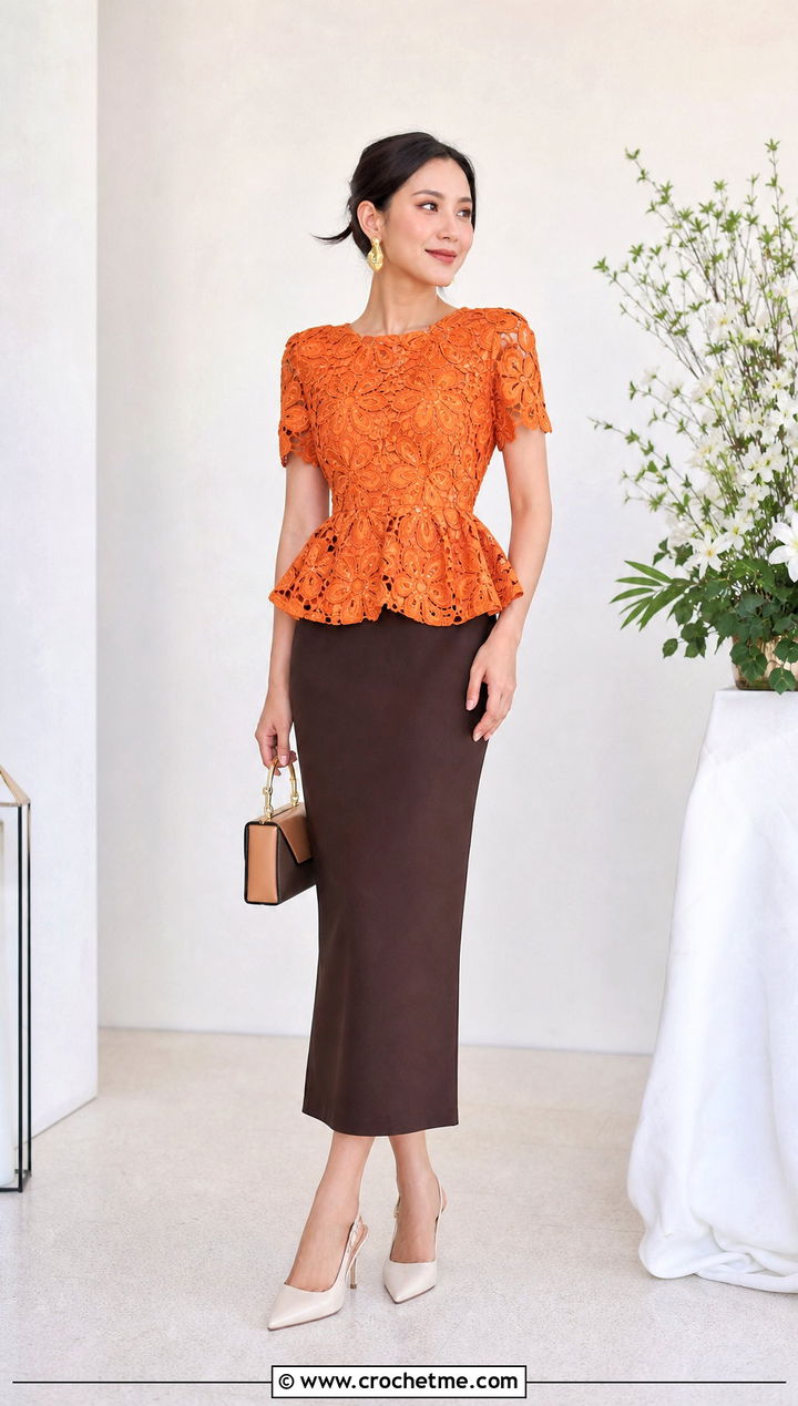 Peplum Floral Crochet Blouse With Column Midi Skirt - 15 floral crochet blouse style outfit ideas