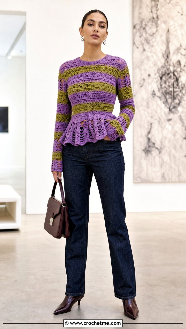 Peplum Freddy Krueger Sweater With Straight Jeans - 30 crochet freddy krueger sweater outfit ideas