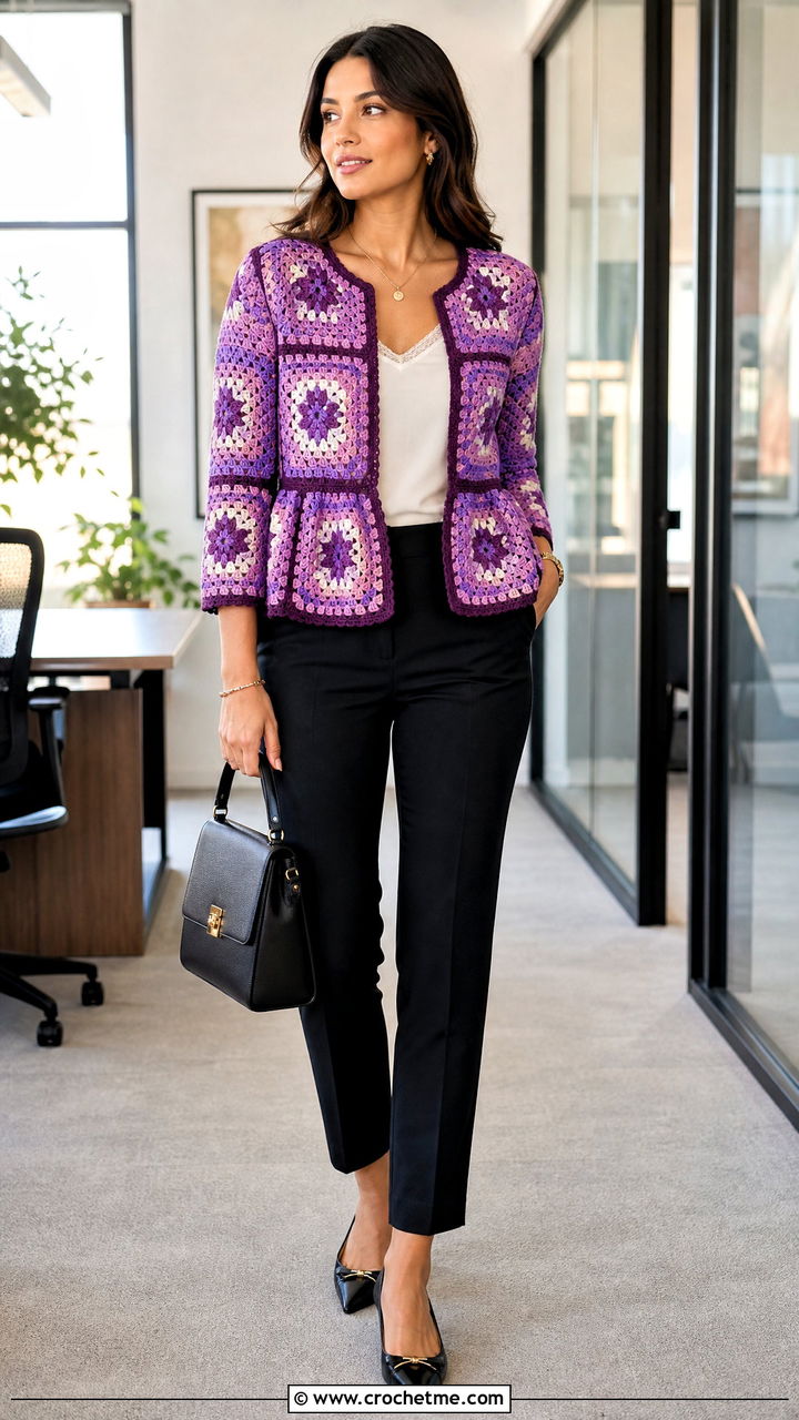 Peplum Granny Square Crochet Cardigan With Cigarette Pants - 35 granny square crochet cardigan outfit ideas