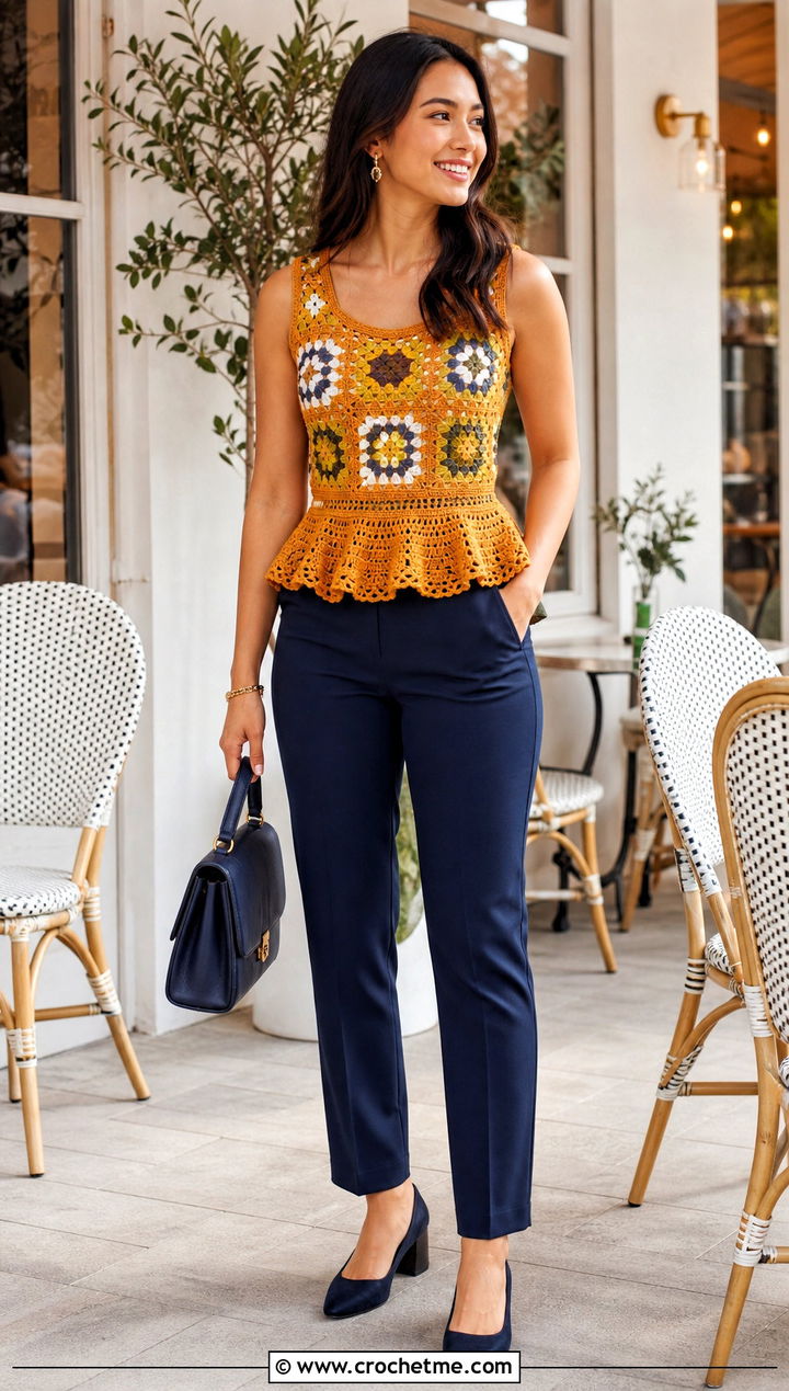 Peplum Granny Square Crochet Tank Top With Slim Trousers - 25 Granny Square Crochet Tank Top outfit ideas