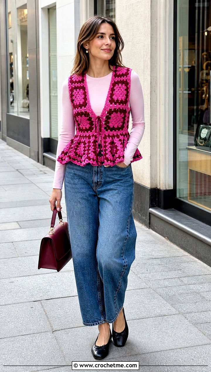 Peplum Granny Square Crochet Vest With Barrel Jeans - 25 Granny Square Crochet Vest outfit ideas