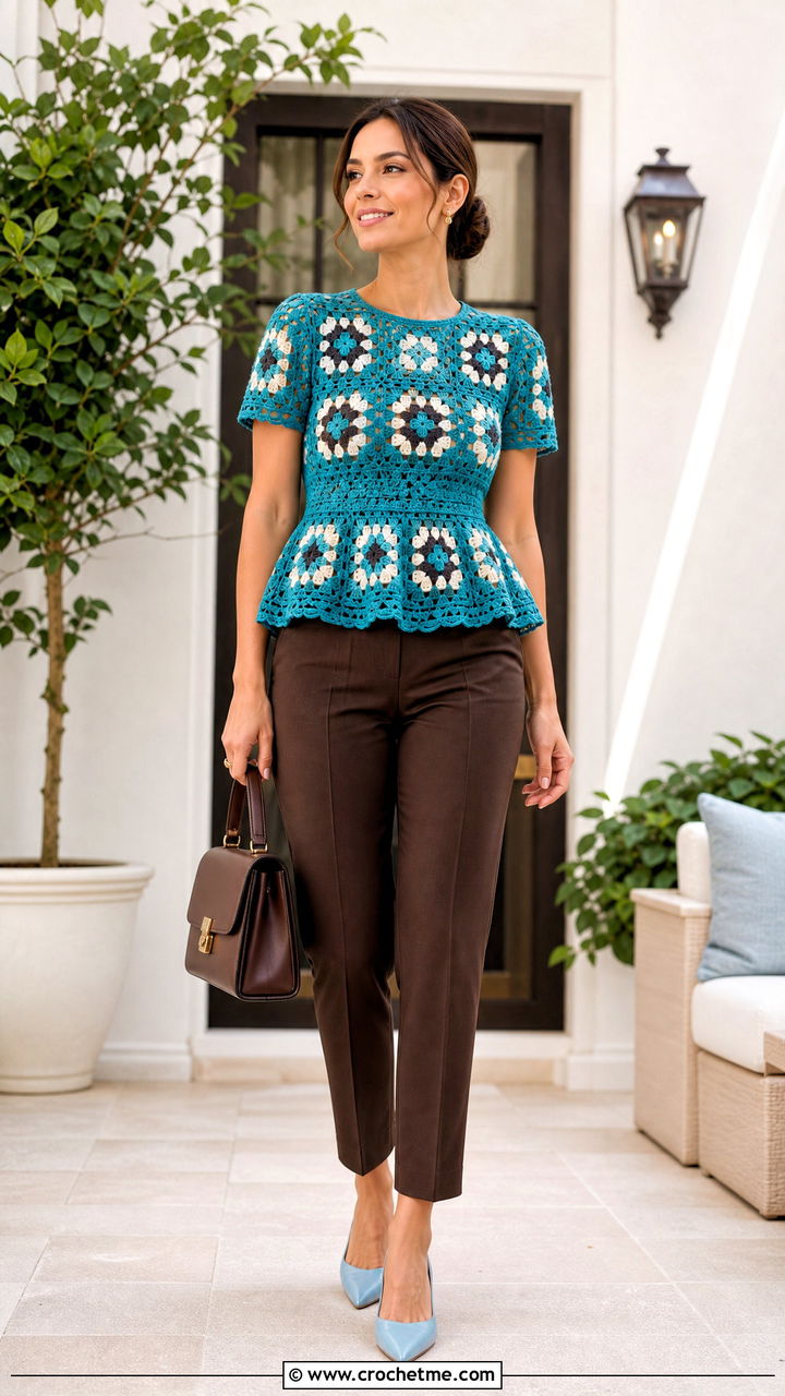 Peplum Granny Square Top With Cigarette Pants - 35 crochet granny square top outfit ideas