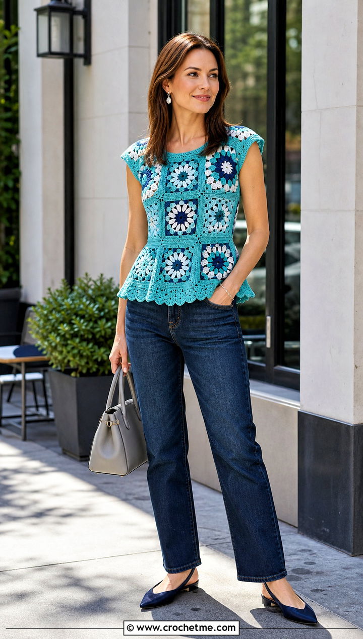 Peplum Granny Square Top With Straight Leg Jeans - 35 granny square crochet top outfit ideas