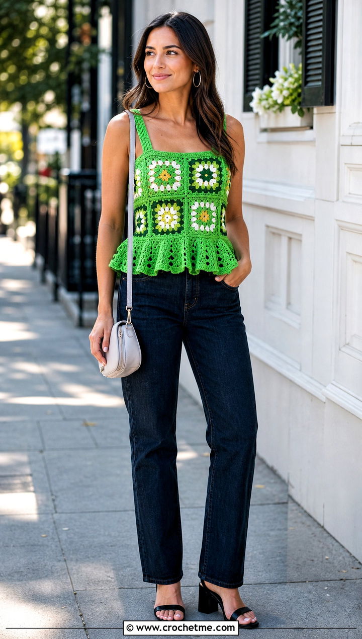 Peplum Granny Square Top With Straight Leg Jeans - 30 crochet granny square summer top outfit ideas