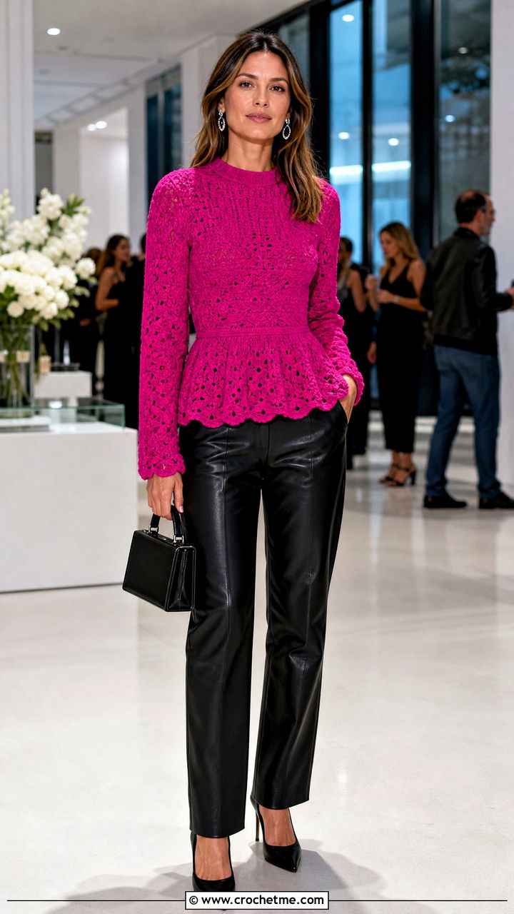 Peplum Granny Stitch Sweater With Leather Pants - 35 crochet granny stitch sweater outfit ideas
